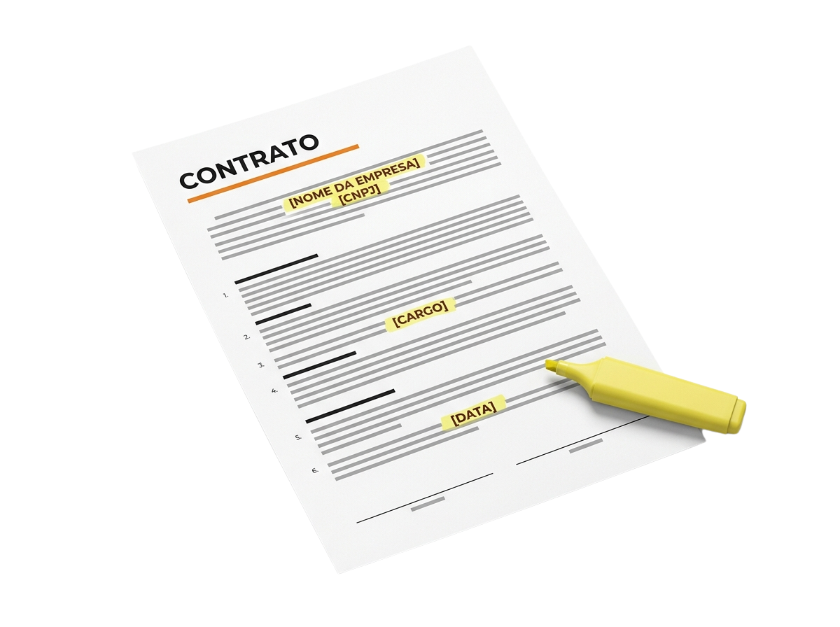 Página do contrato com os campos entre colchetes marcados de amarelo